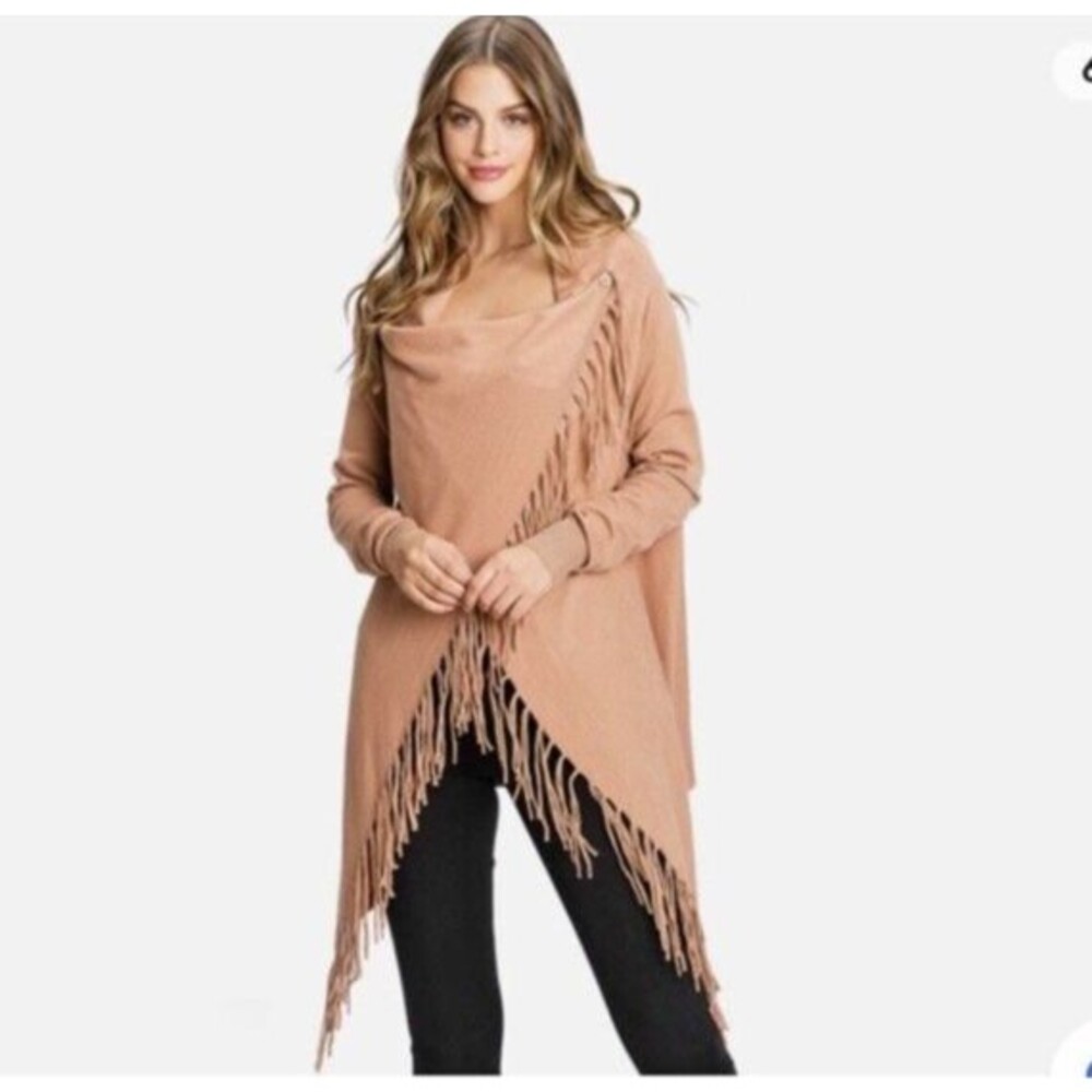 Love Tree Women's Soft Cozy Fringe Convertible Poncho Cardigan SZ S